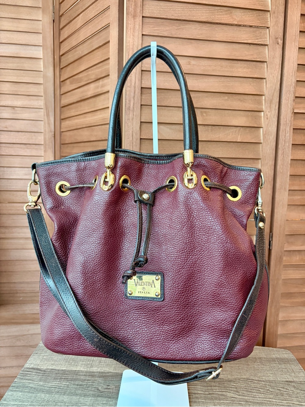 Valentina Burgundy and Brown Pebbled Leather Drawstring Tote Bucket Bag